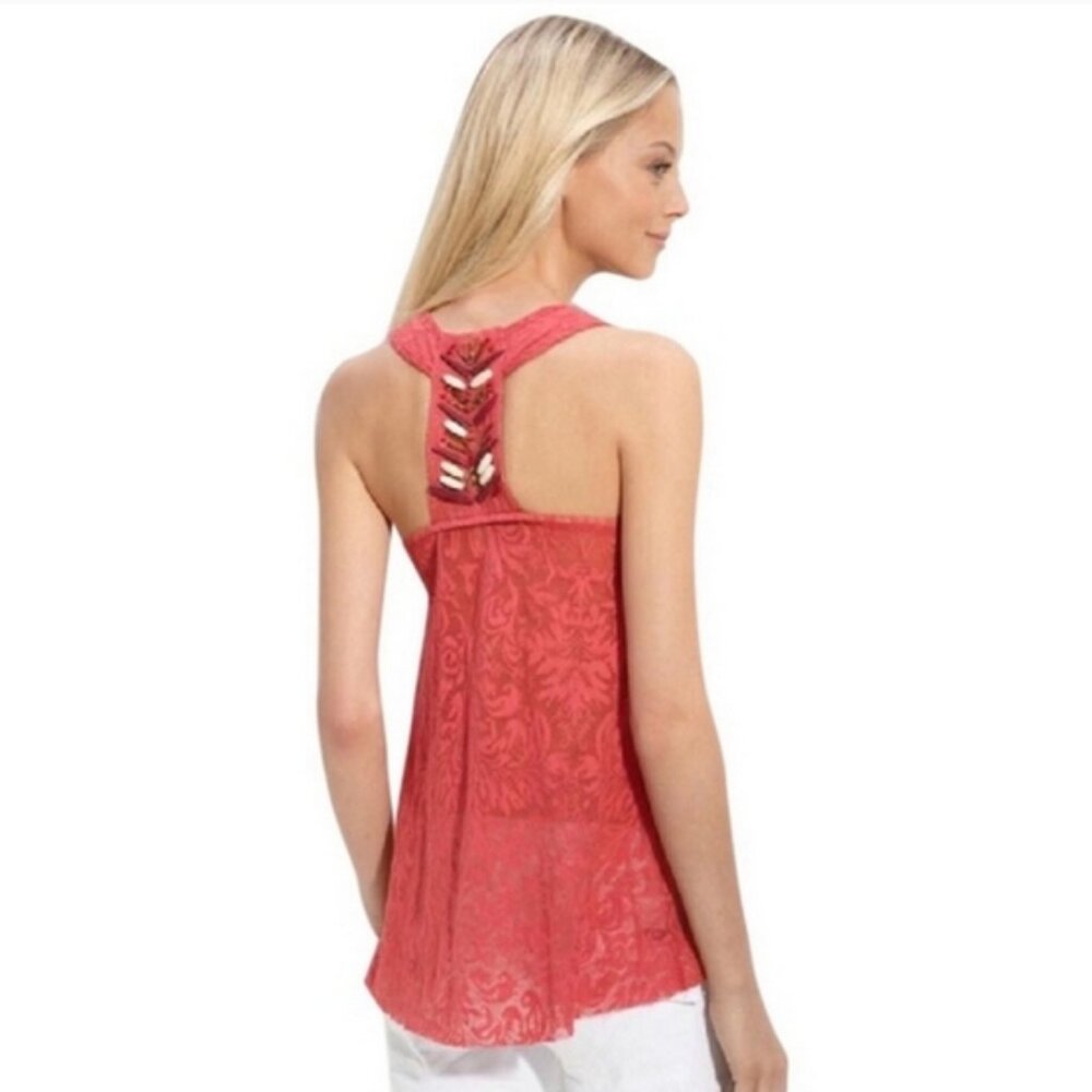 Free People rose colored lace beaded t-back tank top size small